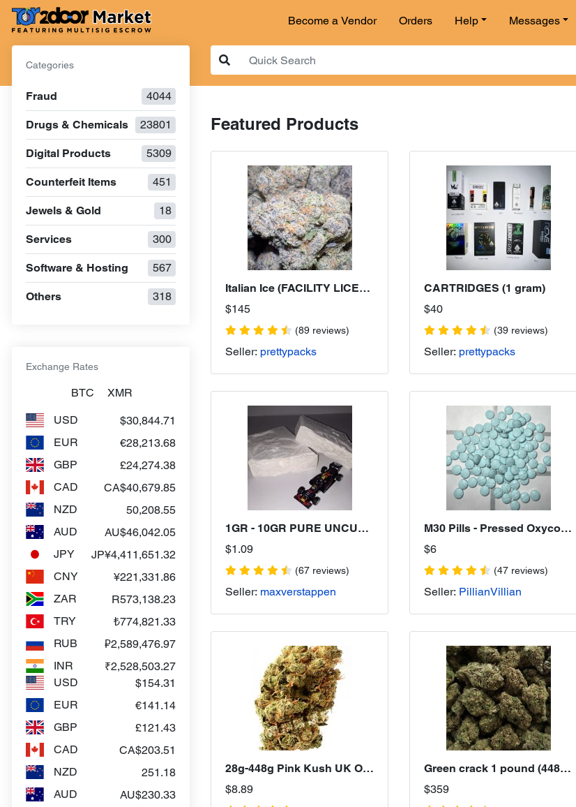 Image depicting a listing of a darknet marketplace Tor2Door showcasing various drugs available for purchase